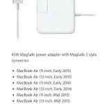 REPLACEMENT 45W MAGSAFE 2 CHARGER (T-TIP) FOR MACBOOK AIR 11/13-INCH